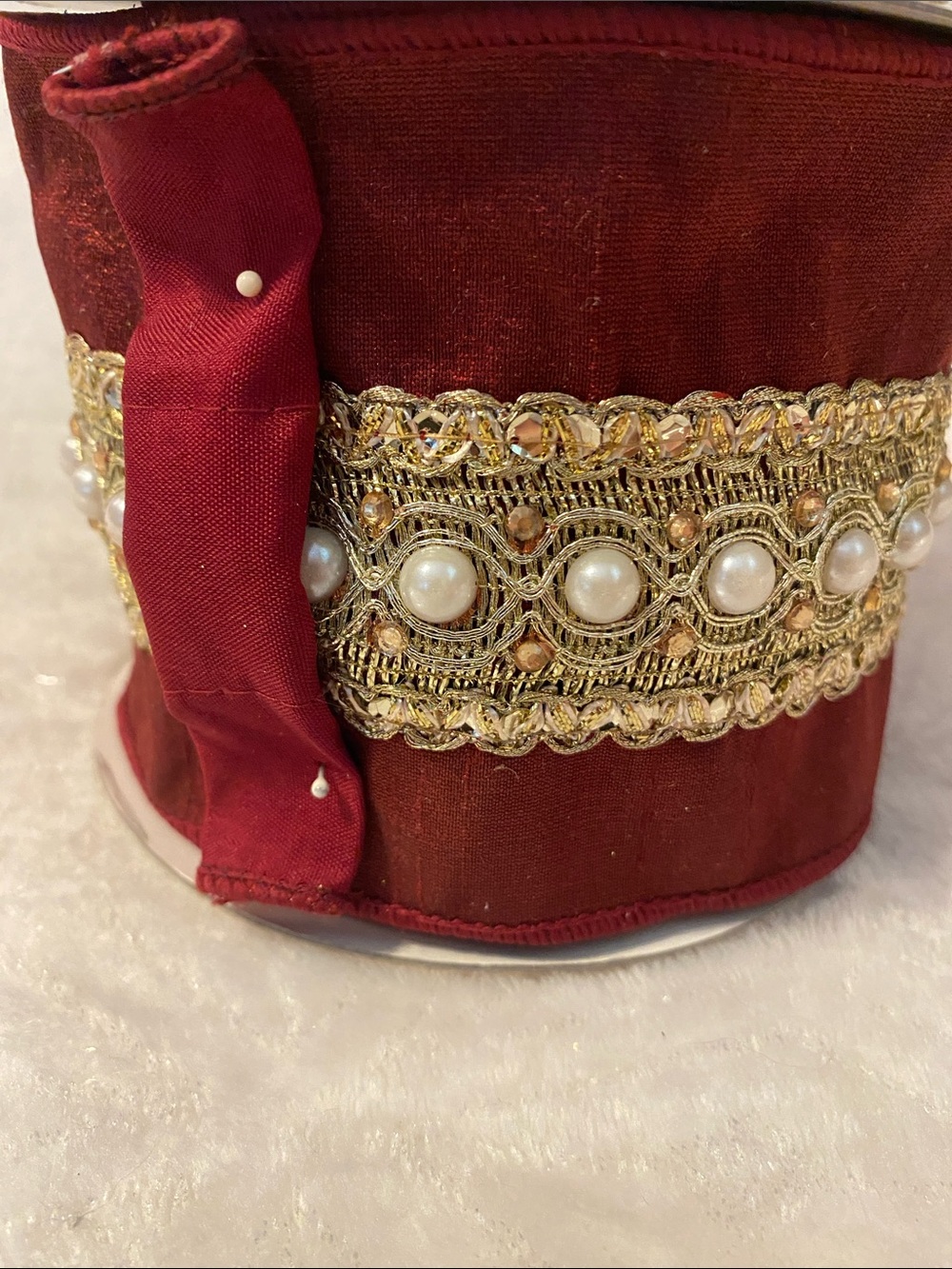 NEW Farrisilk Ribbon Santa’s Pearls Burgundy & Gold Pearl Wired Ribbon 5 yards - Picture 8 of 11
